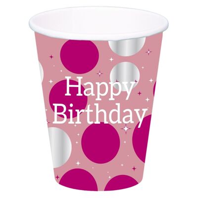 Bekers Glossy Pink 'Happy Birthday' 250ml - 8 stuks