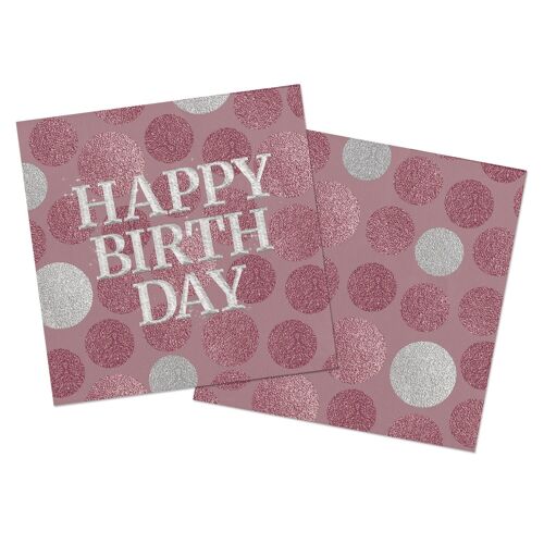 Servetten Glossy Pink 'Happy Birthday' 33x33cm - 20 stuks