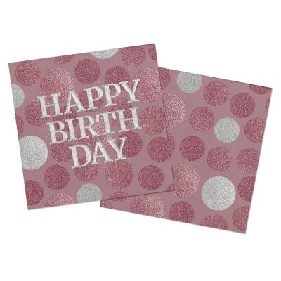 Serviettes Glossy Pink 'Happy Birthday' 33x33cm - 20 pièces