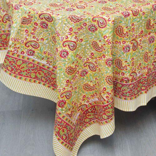 Block Printed Rectangle Table Cover - Paisley Red & Musturd Yellow