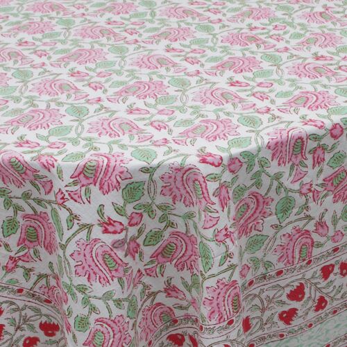 Block Printed Rectangle Table Cover - Pink Flowers