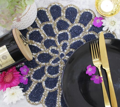 Blue & Gold Petals Handmade Hand Beaded Placemat