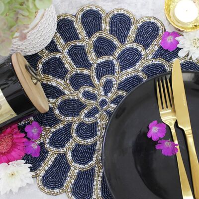 Blue & Gold Petals Handmade Hand Beaded Placemat