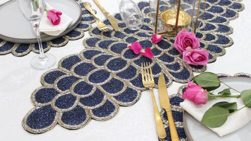 Blue & Gold Petals Handmade Hand Beaded Table Runner
