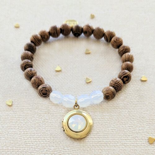 "Opal Coconut" Wood Bead Locket Bracelet