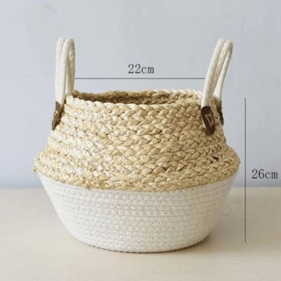 Cesta de almacenamiento de bambú hecha a mano - Cesta tejida blanca natural - 22 x 26 cm