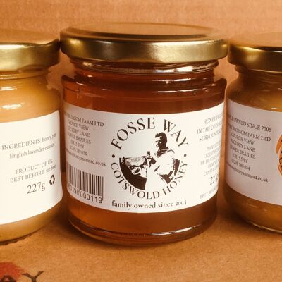 Gift Pack with runny honey , honey with lavender & honey with apricot ( 3 x 227g).