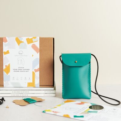 Leather bag craft kit, phone pouch, teal