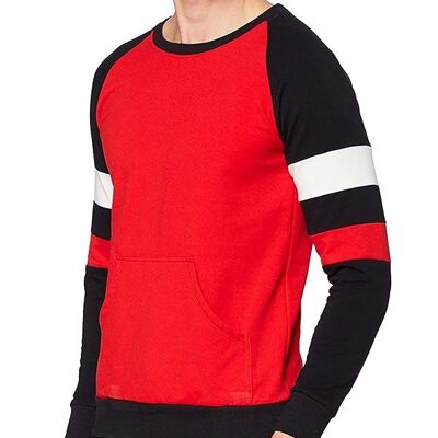 Red and blue sweater with kangaroo pocket