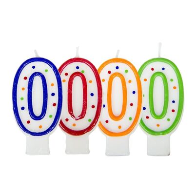Birthday candle number 0 - white with colored dots