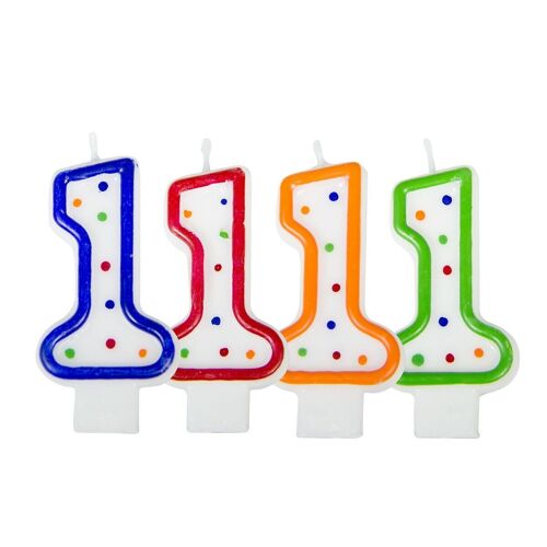 Verjaardagskaars cijfer 1 - wit met gekleurde stippen