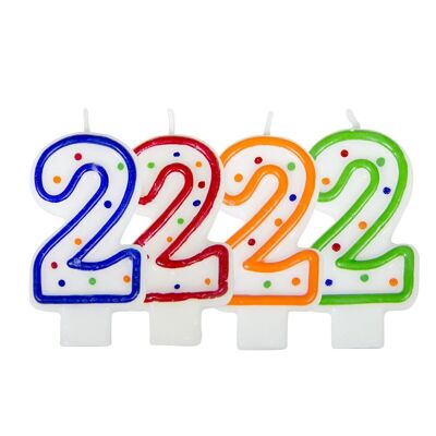 Candela di compleanno numero 2 - bianca con punti colorati