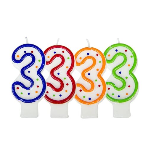 Verjaardagskaars cijfer 3 - wit met gekleurde stippen