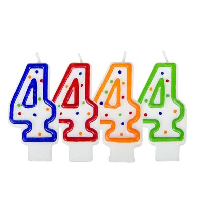 Verjaardagskaars cijfer 4 - wit met gekleurde stippen