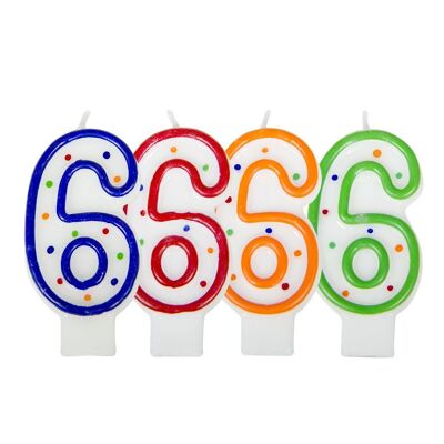 Birthday candle number 6 - white with colored dots