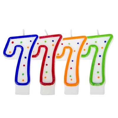 Candela di compleanno numero 7 - bianca con punti colorati