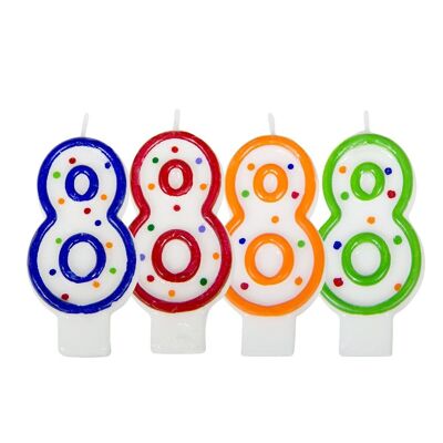 Birthday candle number 8 - white with colored dots