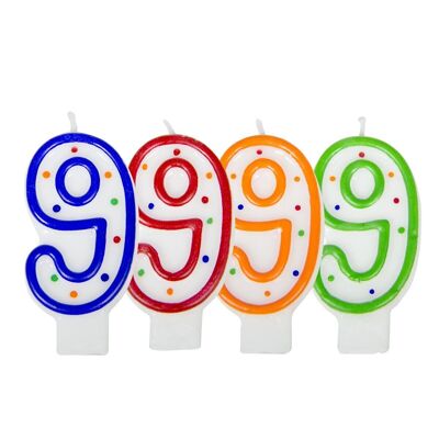 Birthday candle number 9 - white with colored dots