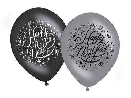 Happy New Year Ballonnen Zwart-Zilver 30cm - 8 stuks