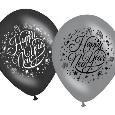 Ballons Happy New Year Noir-Argent 30cm - 8 pièces