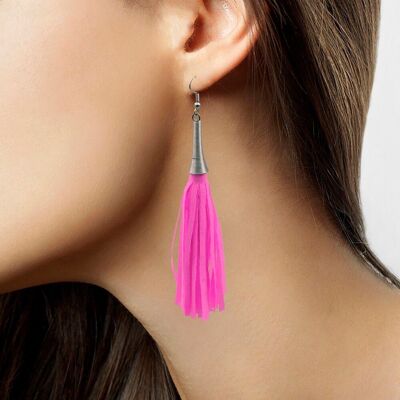 Boucles d'oreilles frange rose fluo