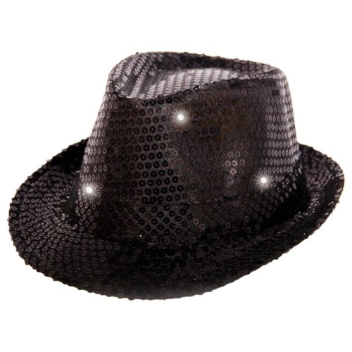 Trilby hoed metallic zwart met LED lichten en glitters