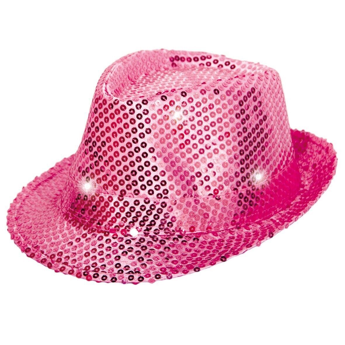 Trilby-Hut magenta mit LED-Lichtern und Glitzer