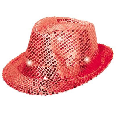 Chapeau trilby rouge avec lumières LED et paillettes