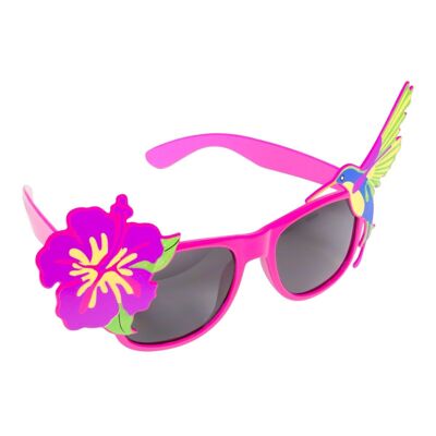 Occhiali rosa con fiori tropicali e uccelli