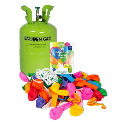 Cilindro de helio BalloonGaz con 30 globos multicolores y cinta