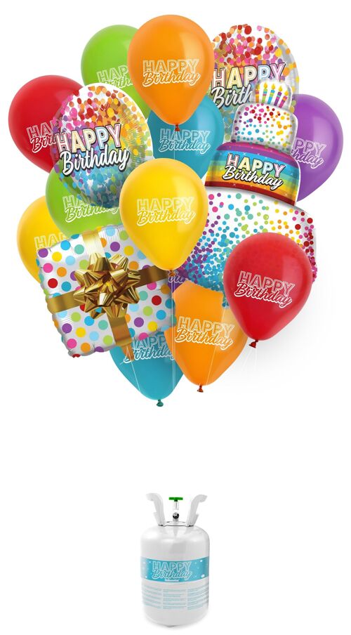 Helium Cilinder BalloonGaz 30 'Happy Birthday' met Ballonnen en Lint