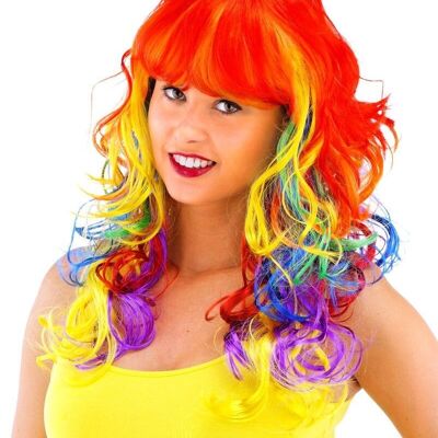 Parrucca arricciata capelli lunghi frangia arcobaleno