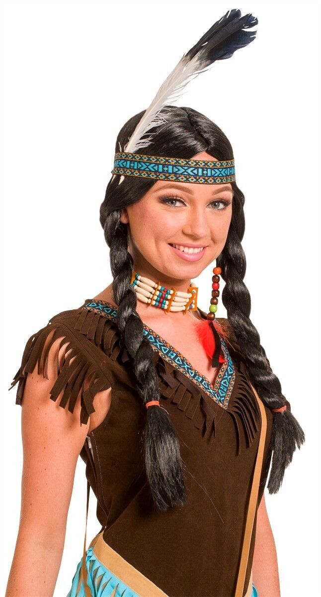 Perruque Indienne Noire Avec Tresses Et Plumes - Accessoire Déguisement Carnaval, Fête - Pour Homme Et Femme - Inclut Serre-tête