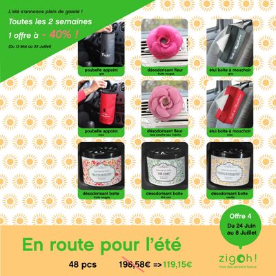 “Summer Road” offer zigoh by valerie nylin: 10 tissue box cases + 10 extra bins + 18 box air fresheners + 10 flower air fresheners = 48 pcs