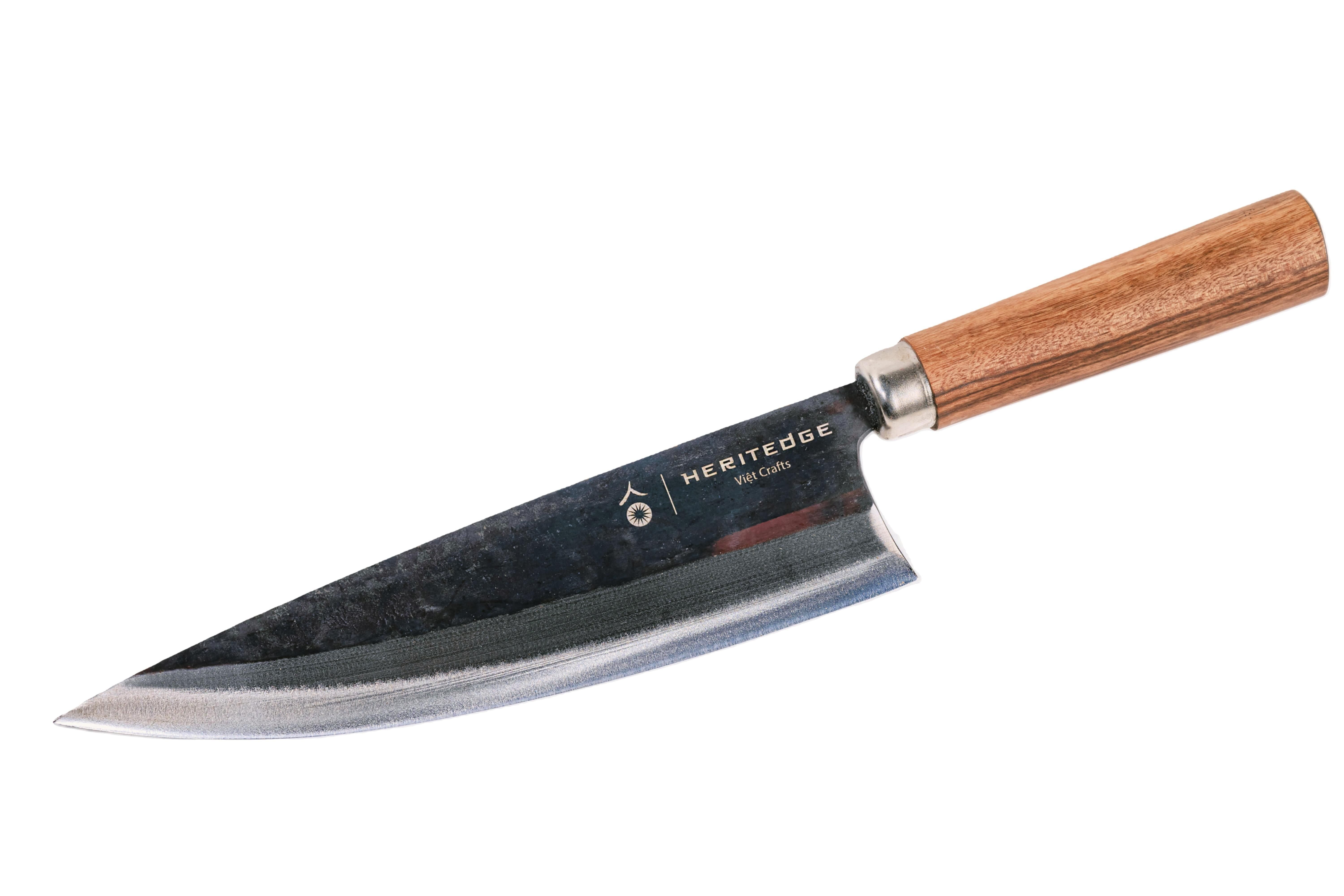 Coltello da chef professionale, coltello multiuso estremamente affilato in acciaio al carbonio, con elegante manico ovale in legno di tamarindo, coltello da cucina fatto a mano in Vietnam, 20 cm