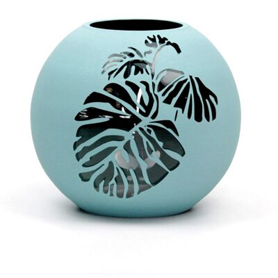 Vaso in vetro dipinto a mano | Vaso rotondo in vetro artistico con foglie blu dipinto | Arredamento per la casa di design d'interni | Vaso da tavolo 6 pollici | 5578/180/sh160.2