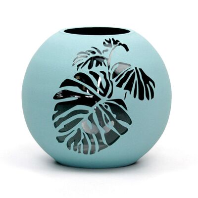 Vaso in vetro dipinto a mano | Vaso rotondo in vetro artistico con foglie blu dipinto | Arredamento per la casa di design d'interni | Vaso da tavolo 6 pollici | 5578/180/sh160.2