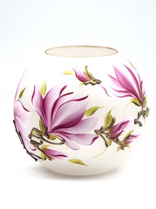 Handpainted Glass Vase | Painted Pink Flowers Art Glass Round Vase | Interior Design Home Room Decor | Table vase 6 inch | 5578/180/sh163