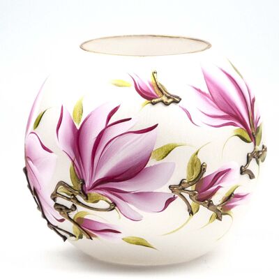 Vaso in vetro dipinto a mano | Vaso rotondo in vetro artistico dipinto di fiori rosa | Arredamento per la casa di design d'interni | Vaso da tavolo 6 pollici | 5578/180/sh163