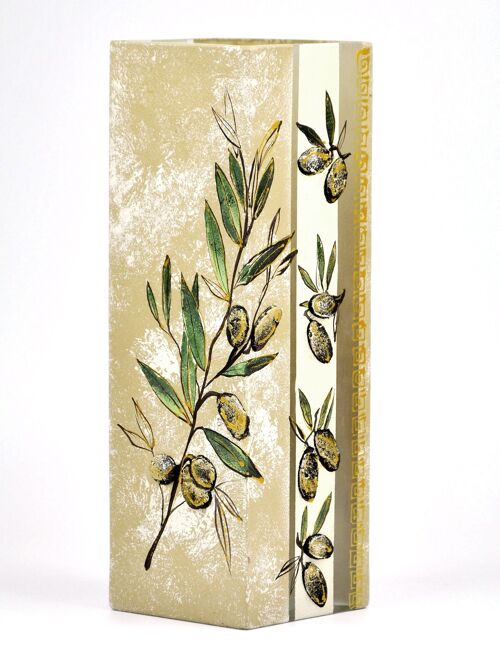 Handpainted Olives Glass Vase | Painted Art Glass Square Vase for Flowers| Table vase 12 inch | Home Decor | Interior Design | 6360/300/sh215