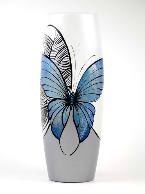 Blue butterfly floor Vase |  Large Handpainted Glass Vase for Flowers | Room Decor | Floor Vase 16 inch | 7124/400/sh227