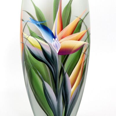 Handpainted Glass Vase for Flowers | Strelitzia Painted Art Glass Oval Vase | Interior Design Home Decor 12 inch | 7518/300/sh119