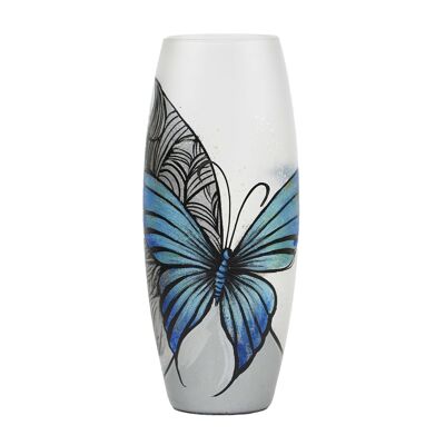 Handbemalte Glasvase für Blumen | Blauer Schmetterling gemalte Kunstglas-Ovalvase | Innenarchitektur | Tischvase 10 Zoll | 7736/250/sh227