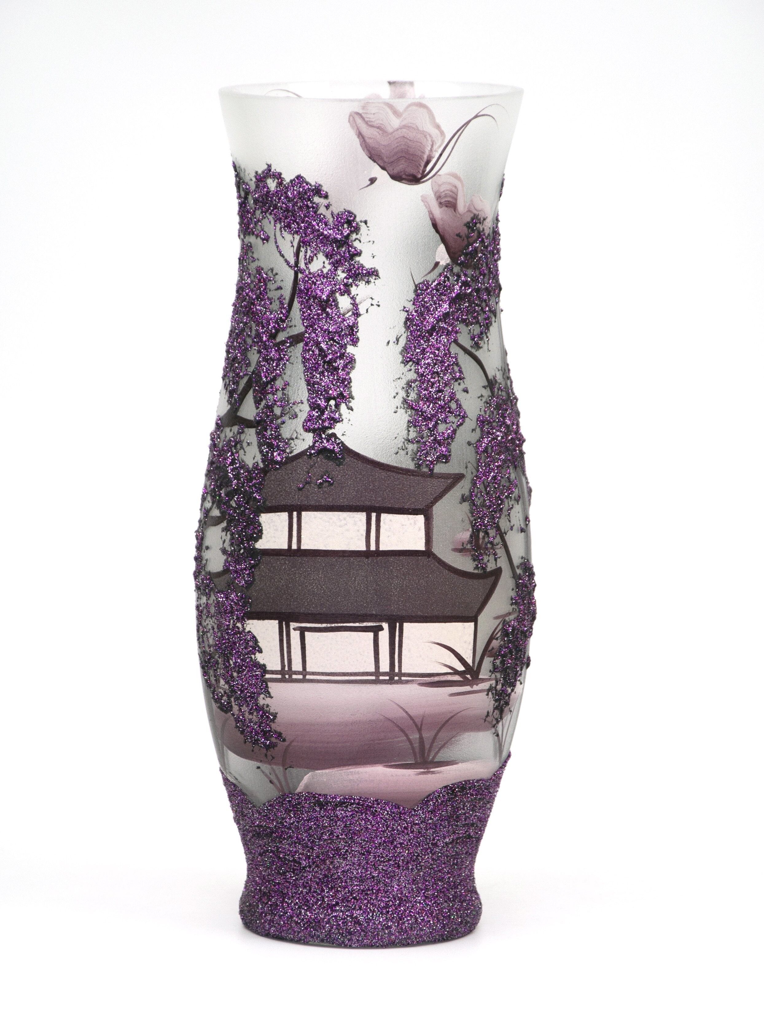 Vaso di vetro dipinto a mano Brocca cinese | Vaso classico in vetro artistico dipinto | Arredamento per la casa di design d'interni | Vaso da tavolo 12 pollici | 8290/300/855