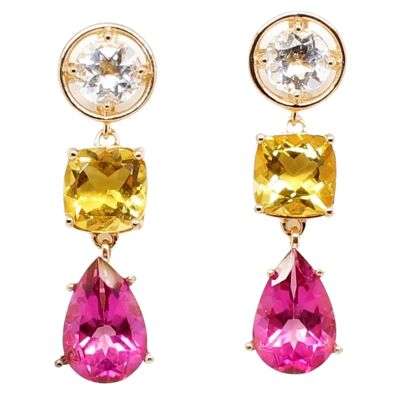 BOUCLES D'OREILLES ROSE AVEC TOPAZE BLANCHE, CITRINE ET TOPAZE ROSE