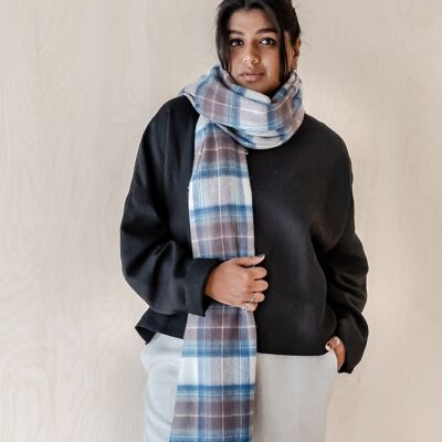 Lambswool Oversized Scarf in Stewart Muted Blue Tartan