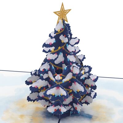 Biglietto pop-up con albero di Natale autunnale di notte