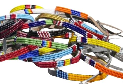 Bracelet Masaï Unisex en cuir naturel et perles céramiques multicolores