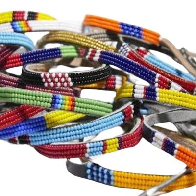 Bracciale Maasai Unisex in pelle naturale e perline in ceramica multicolore