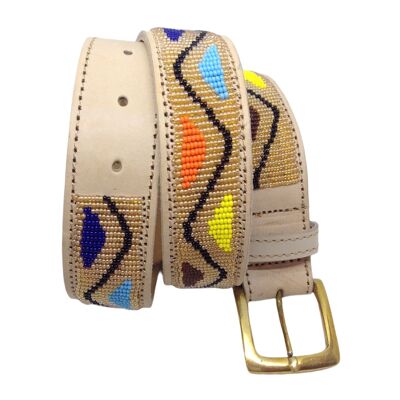 Masai Unisex belt in natural leather and multicolored ceramic beads with black "wave" pattern